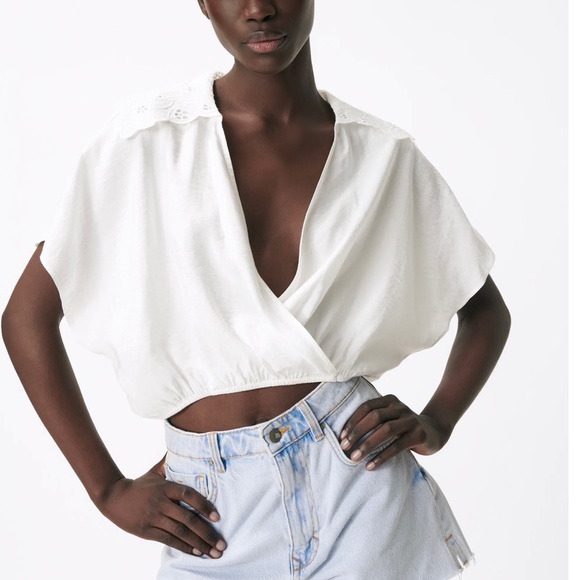 ZARA EMBROIDERED  COLLAR TOP OYSTER WHITE - Picture 2 of 7